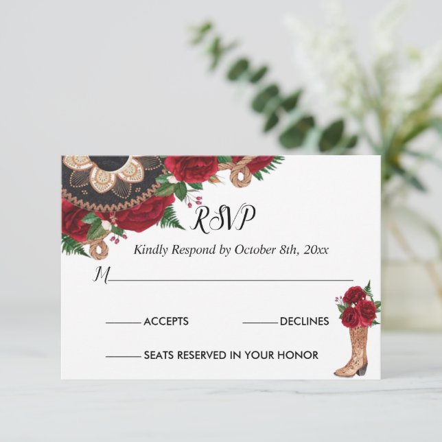 Carte RSVP Charra Quinceañera, Red Roses Mariachi (Debout devant)