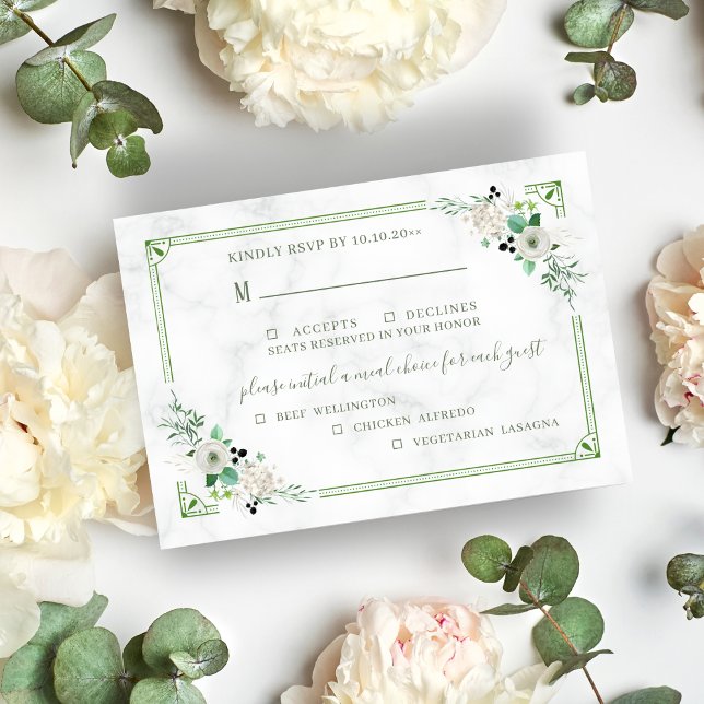 Carte Rsvp Choix Trois Repas Marbre & Fleur Verte (Créateur téléchargé)