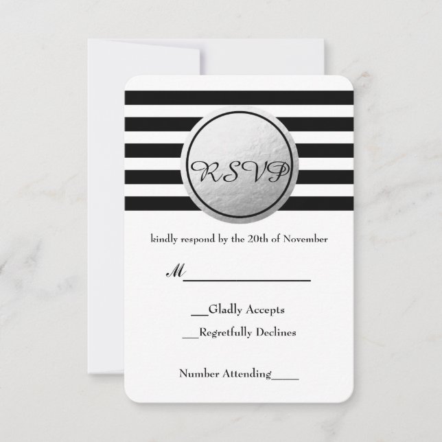 Carte RSVP Circle RSVP en argent rayé noir et blan (Devant)