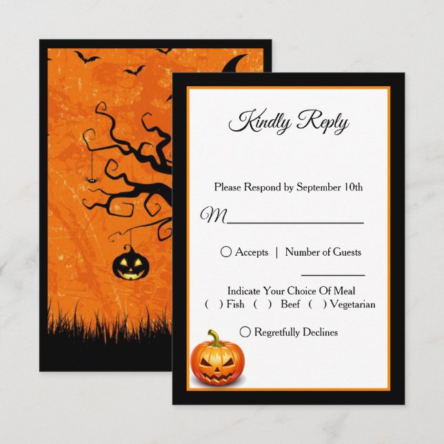 Carte RSVP Citrouille de mariage effrayant Hallowe (Devant / Derrière)