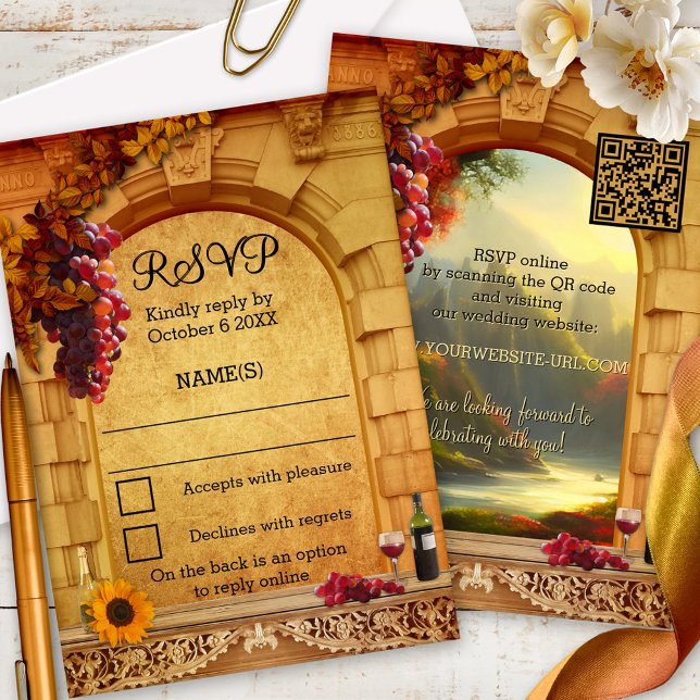 Carte RSVP Classic Italian Winery ou Vineyard (Classic Italian vineyard or winery RSVP card featuring a Roman arch with grapes and wine - QR code)