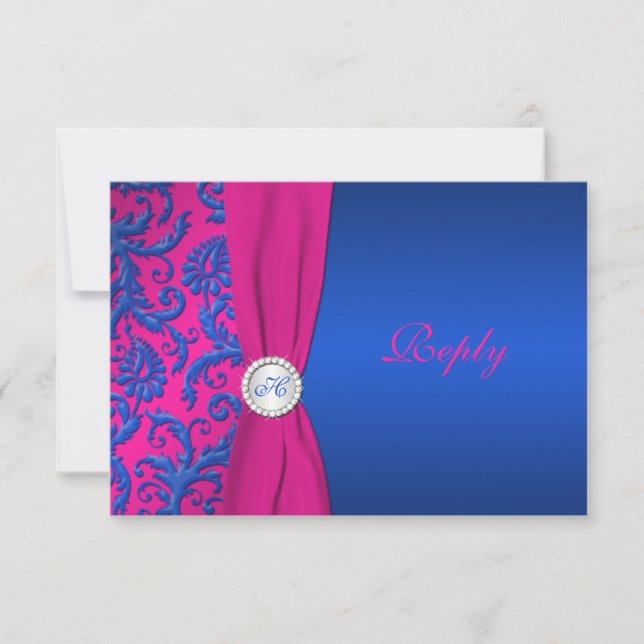 Carte RSVP Cobalt et Fuchsia Damask (Devant)