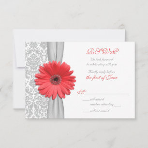 Carte RSVP Coral Gerbera Daisy Grey Mariage damass