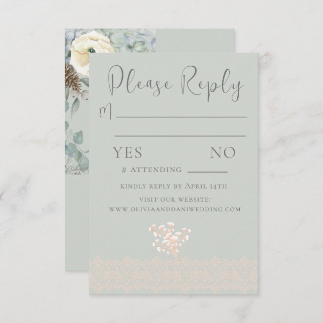 Carte RSVP couleur blanc vert Sage romantique (Devant / Derrière)
