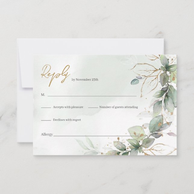 Carte Rsvp couleur or et vert sauge aquarelle déli (Devant)