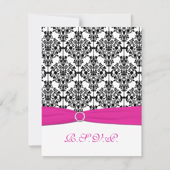 Carte RSVP Damask Rose, Blanc et Noir (Devant)