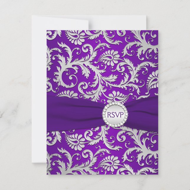 Carte RSVP Damask Violet Royal et Argent (Devant)