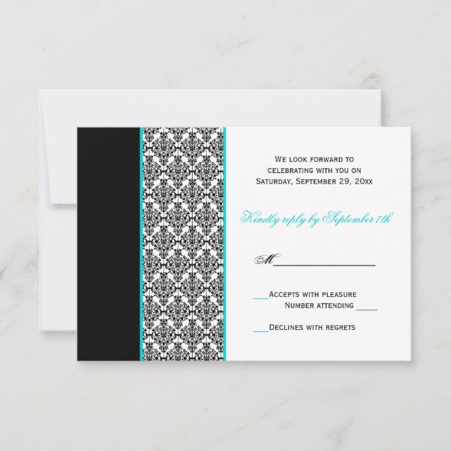 Carte RSVP damassée turquoise noir et blanc (Devant)