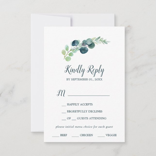 Carte RSVP de choix au menu de verdure et d'eucaly (Devant)