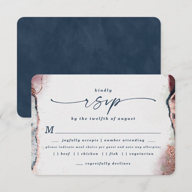 Carte RSVP de choix de repas Mariage bleu Bourgogn (Devant / Derrière)