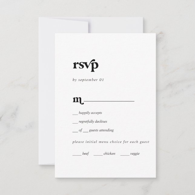 Carte RSVP de choix du menu de la typographie noir (Devant)