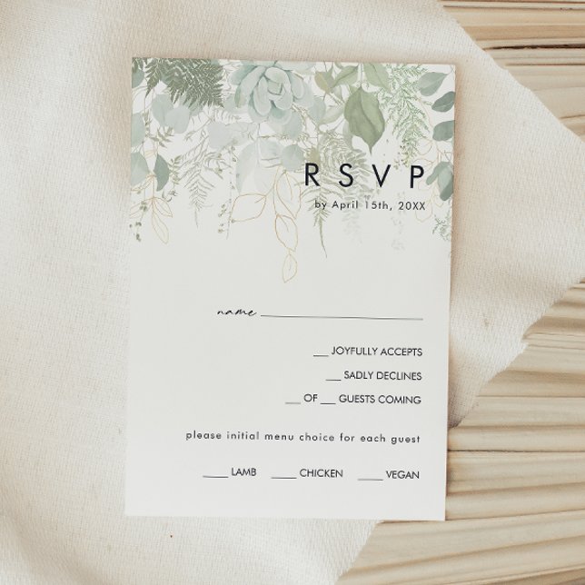 Carte RSVP de choix du menu Feuille d'or et verte (Créateur téléchargé)