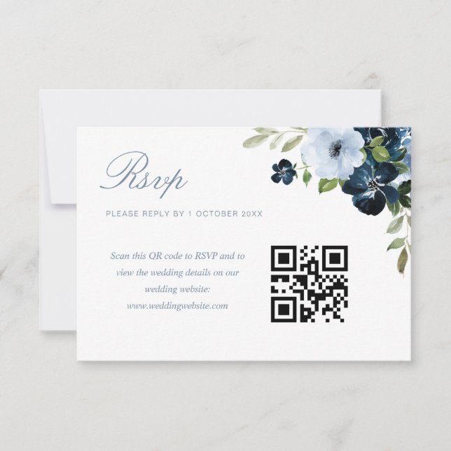 carte rsvp de code mariage QR marine et bleu clair (Devant)