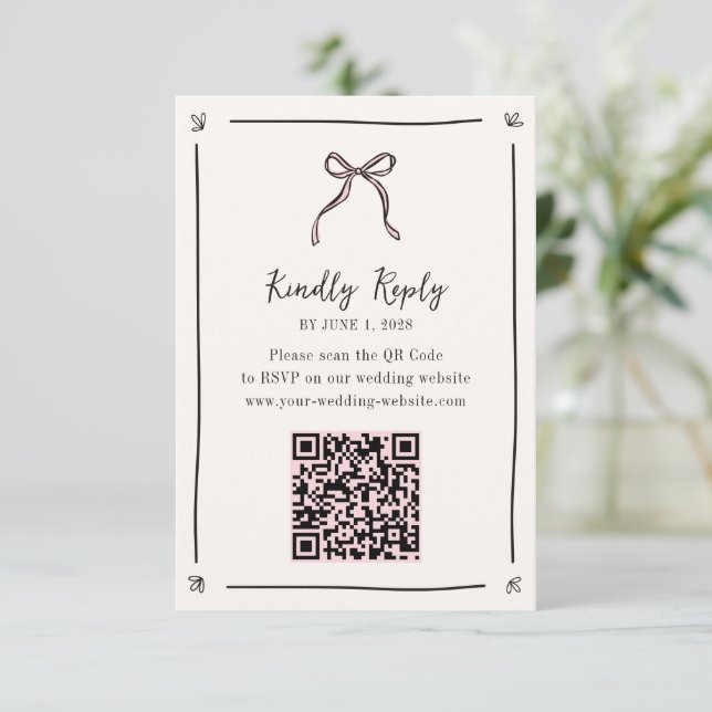 Carte RSVP de code QR en ruban rose - Mariage Whim (Debout devant)