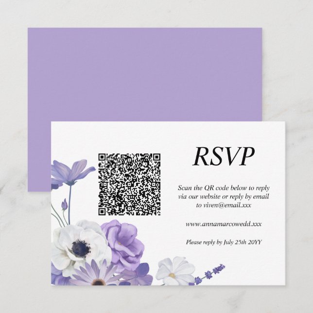 Carte RSVP de code QR floral pourpre (Devant / Derrière)