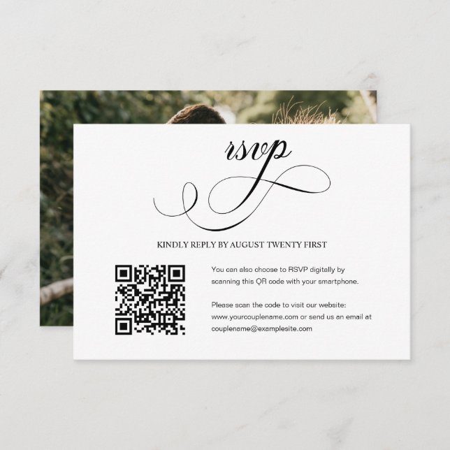 Carte RSVP de code QR Mariage de script élégant (Devant / Derrière)