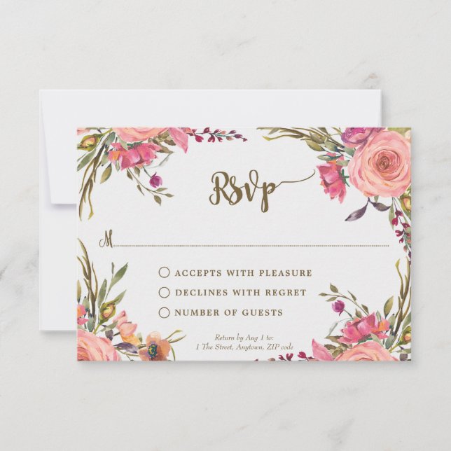 carte rsvp de douche mariage fleur sauvage rose (Devant)