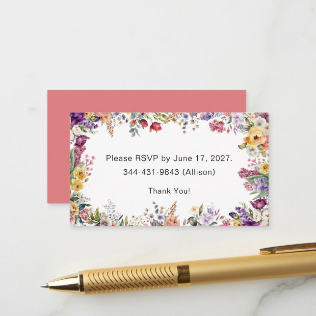 Carte RSVP de Fête des mariées florale de printemp (Devant/Arrière en situation)