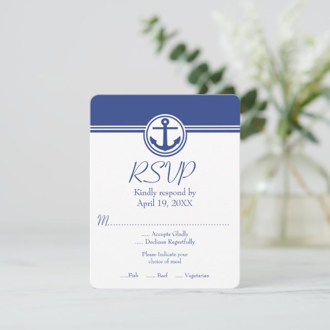 Carte RSVP de mariage Ancre marine bleu marine (Debout devant)