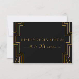 Carte RSVP de mariage Art Déco Or et Noir