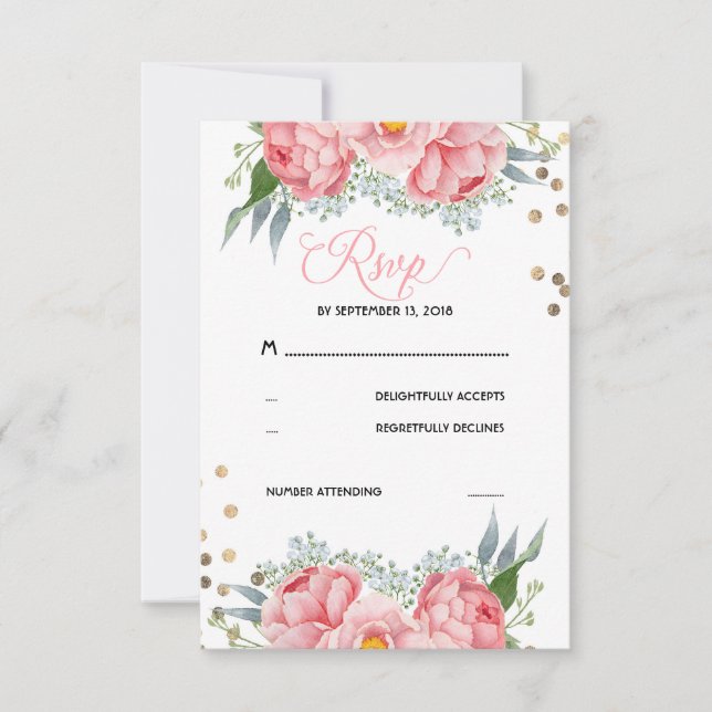 Carte RSVP de mariage aux points floraux et or (Devant)