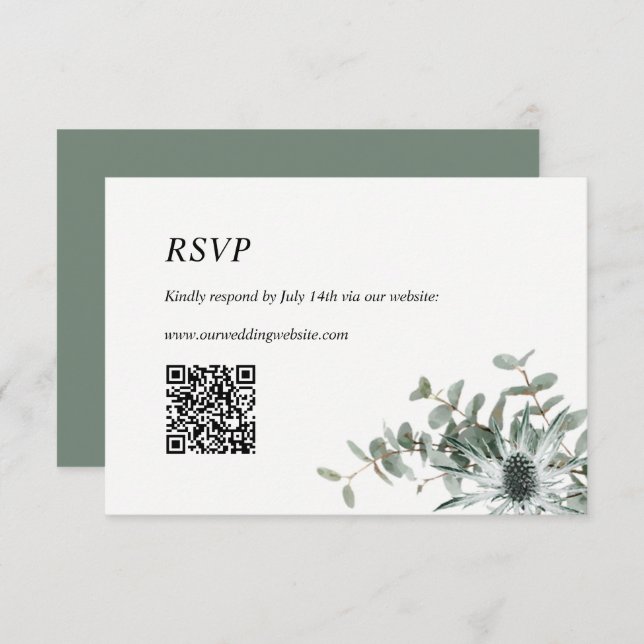 Carte RSVP de mariage avec Chardon vert Sage Code  (Devant / Derrière)