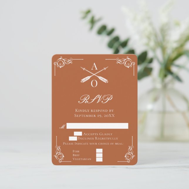 Carte RSVP de mariage avec un Monogramme orange br (Debout devant)