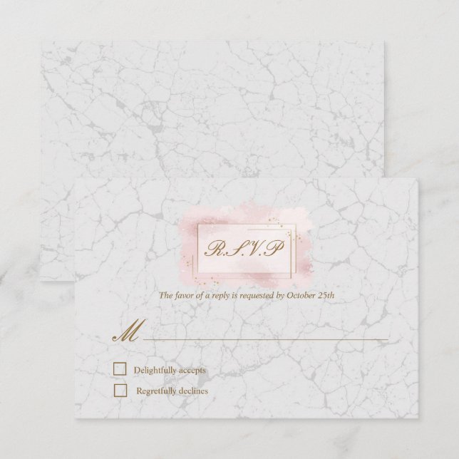 Carte RSVP de mariage blanc et blanc en marbre dor (Devant / Derrière)