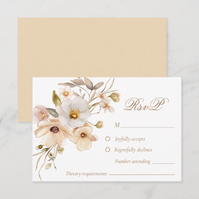 Carte RSVP de mariage blanc Fleur sauvage neutre (Devant / Derrière)
