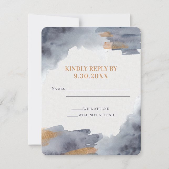 Carte RSVP de mariage bleu et or à l'aquarelle (Devant)