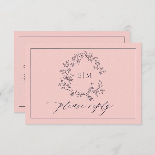 Carte RSVP de mariage bleu marine rose (Devant / Derrière)