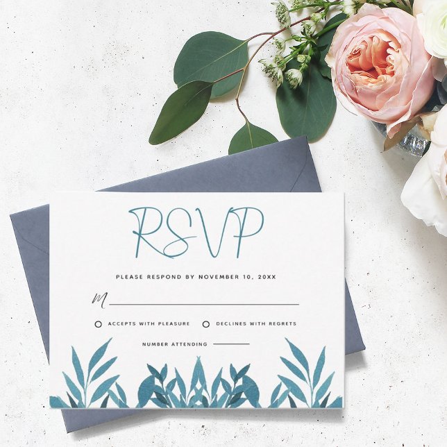 Carte RSVP de mariage botanique bleu (Créateur téléchargé)