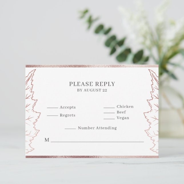 Carte RSVP de mariage classique Rose d'or Feuilles (Debout devant)