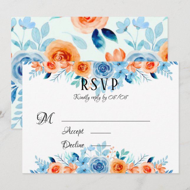 Carte RSVP de mariage couleur bleu orangé printemp (Devant / Derrière)