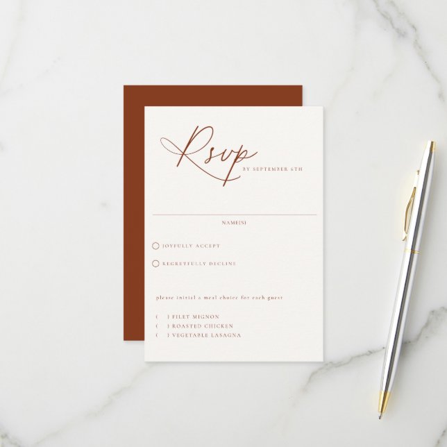 Carte RSVP de mariage de choix de repas de Sienne  (Devant/Arrière en situation)