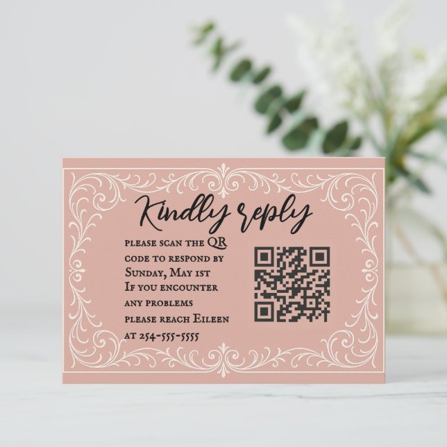 Carte RSVP de mariage de code QR Hirloom rose (Debout devant)