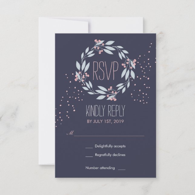 Carte RSVP de mariage de fleurs rose bleu marine (Devant)