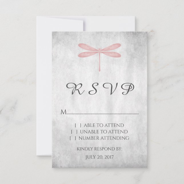 Carte RSVP de mariage de libellules roses (Devant)