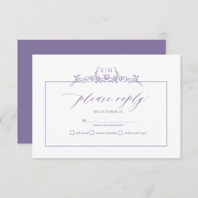 Carte RSVP de mariage de monogramme de bordure flo (Devant / Derrière)