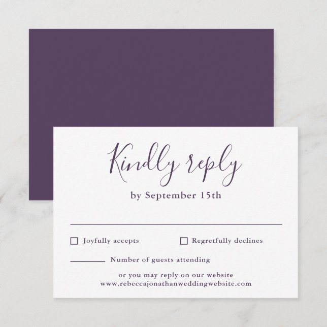 Carte RSVP de Mariage de script moderne violet min (Devant / Derrière)