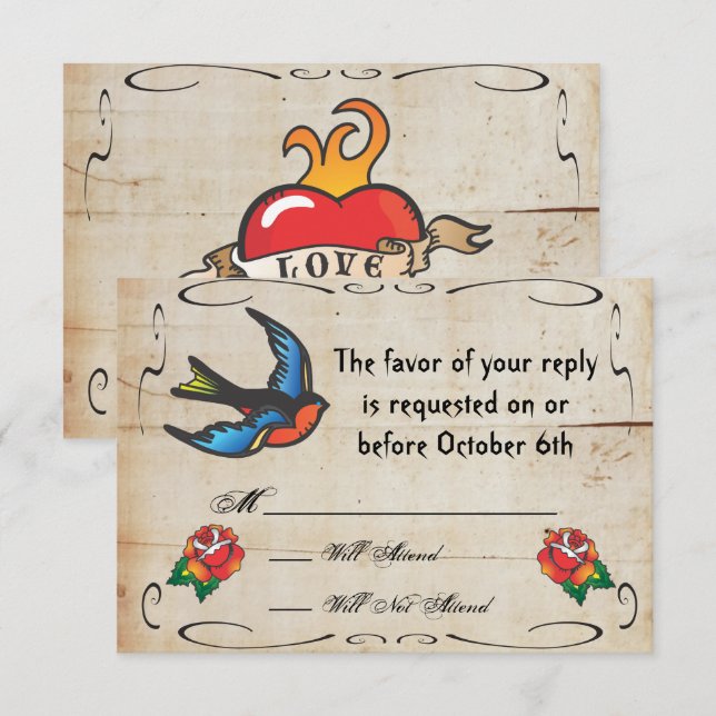 Carte RSVP de mariage de tatouage (Devant / Derrière)