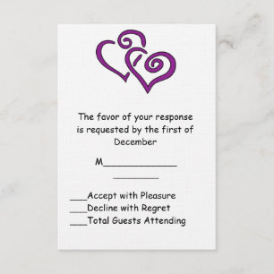 Carte RSVP de mariage double coeur violet