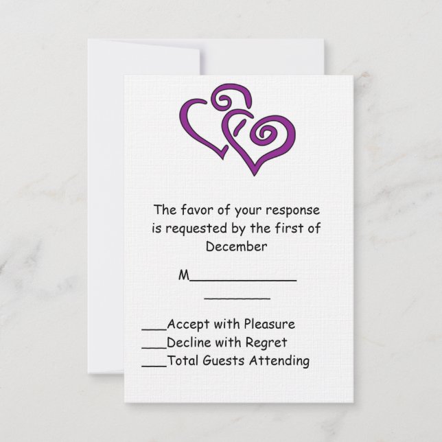 Carte RSVP de mariage double coeur violet (Devant)