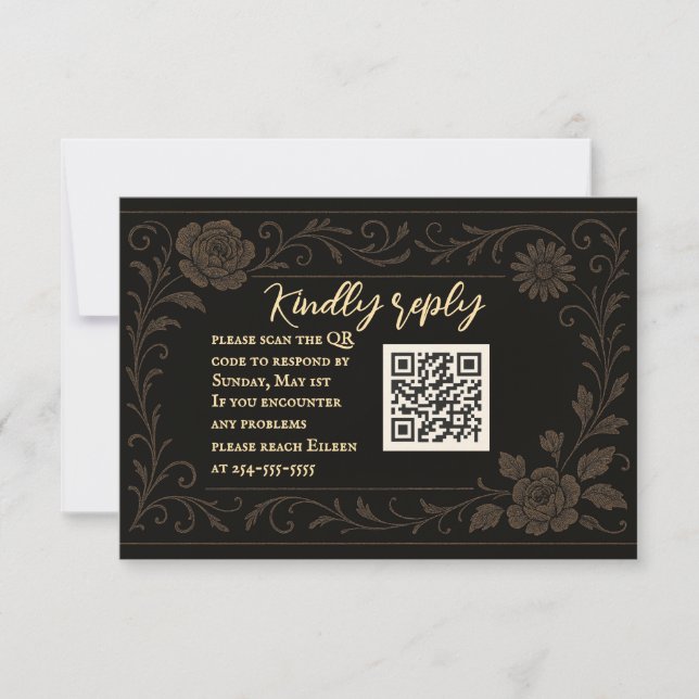 Carte RSVP de mariage du code QR du Rose noir (Devant)