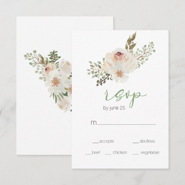 Carte RSVP de mariage élégant à la flore blanche (Devant / Derrière)