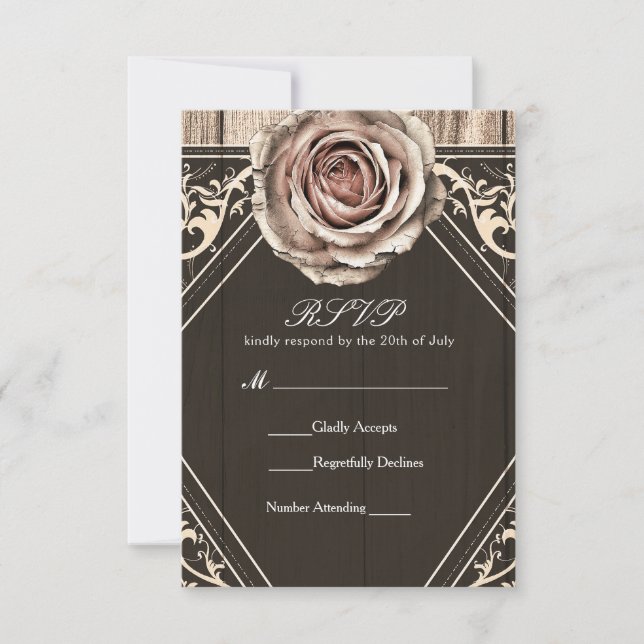 Carte RSVP de mariage en bois clair élégant Rose R (Devant)