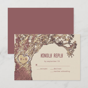 Carte RSVP de mariage en chêne de coeur sculpté ru