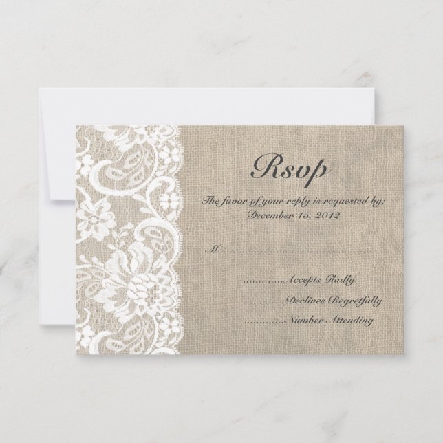 Carte RSVP de mariage en dentelle blanche et burla (Devant)