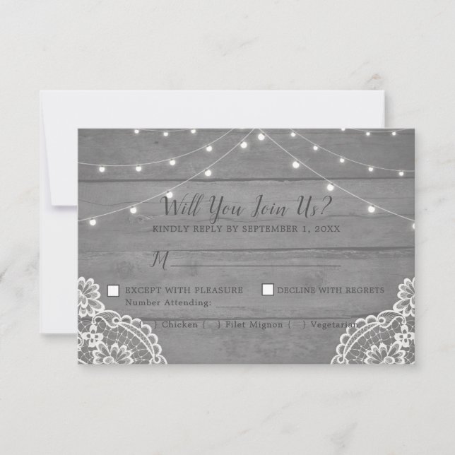 Carte RSVP de mariage en dentelle de bois rustique (Devant)
