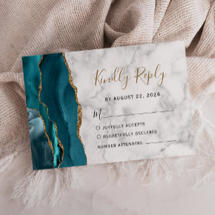 Carte RSVP de mariage en marbre Turquoise or moder